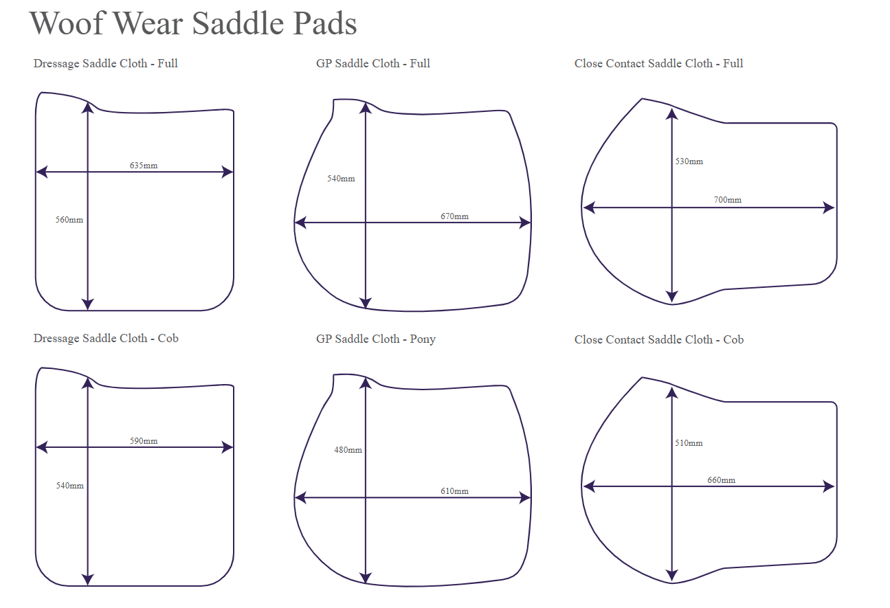 2025 WOOF WEAR SADDLE PADS  Size Chart